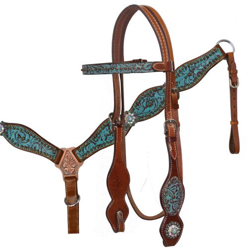 12761: Showman ® Headstall and Breast Collar Set with Teal and Brown Filigree Print Headstall & Breast Collar Set Showman   