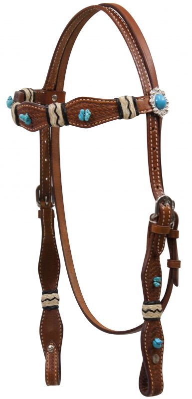 12826: Showman ® Turquoise Stone Beaded Headstall with Rawhide Accents Headstall Showman   