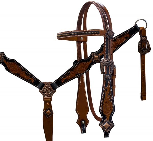 12905: Showman ® Double stitched medium leather headstall and breast collar set with brushed coppe Headstall & Breast Collar Set Showman   