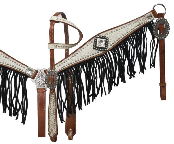 12915: Showman ® Medium leather headstall and breast collar set with silver and white filigree ove Headstall & Breast Collar Set Showman   
