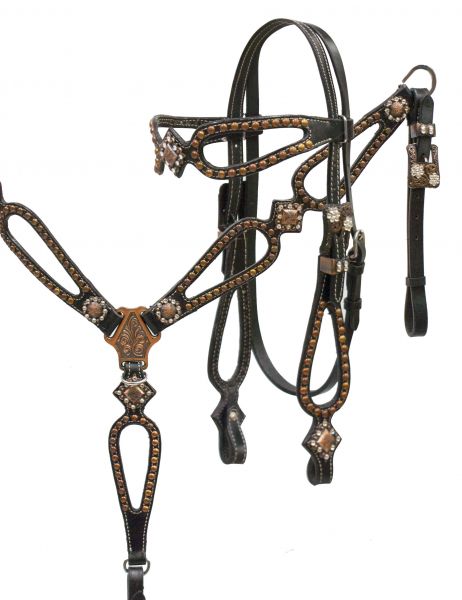 12924X: Showman ® Black leather headstall and breast collar set with copper studs and copper engra Headstall & Breast Collar Set Showman   