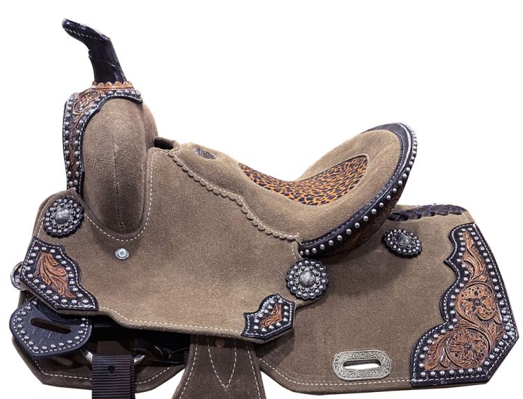 13" DOUBLE T   Rough Out Barrel style saddle with Cheetah Printed Inlay Barrel Saddle Shiloh   