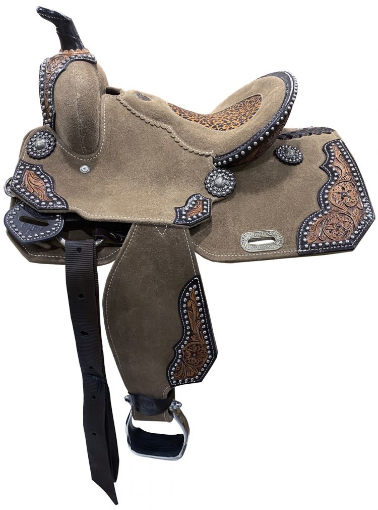 13" DOUBLE T   Rough Out Barrel style saddle with Cheetah Printed Inlay Barrel Saddle Shiloh   