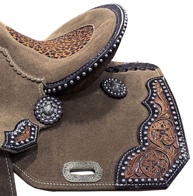 13" DOUBLE T   Rough Out Barrel style saddle with Cheetah Printed Inlay Barrel Saddle Shiloh   