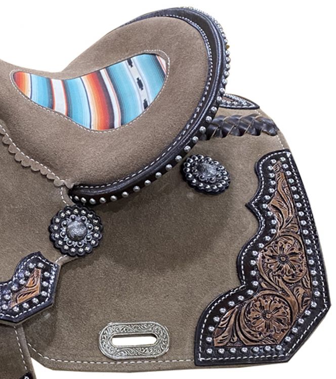 13" DOUBLE T   Rough Out Barrel style saddle with Southwest Serape Printed Inlay Barrel Saddle Shiloh   