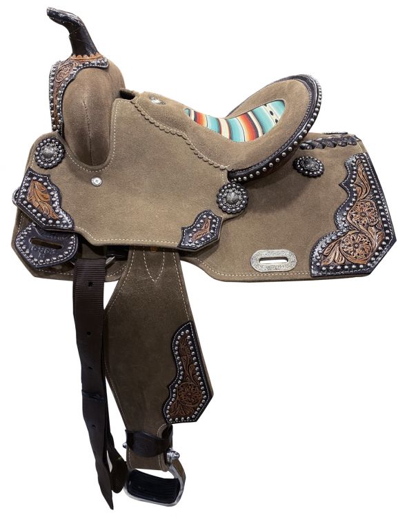 13" DOUBLE T   Rough Out Barrel style saddle with Southwest Serape Printed Inlay Barrel Saddle Shiloh   