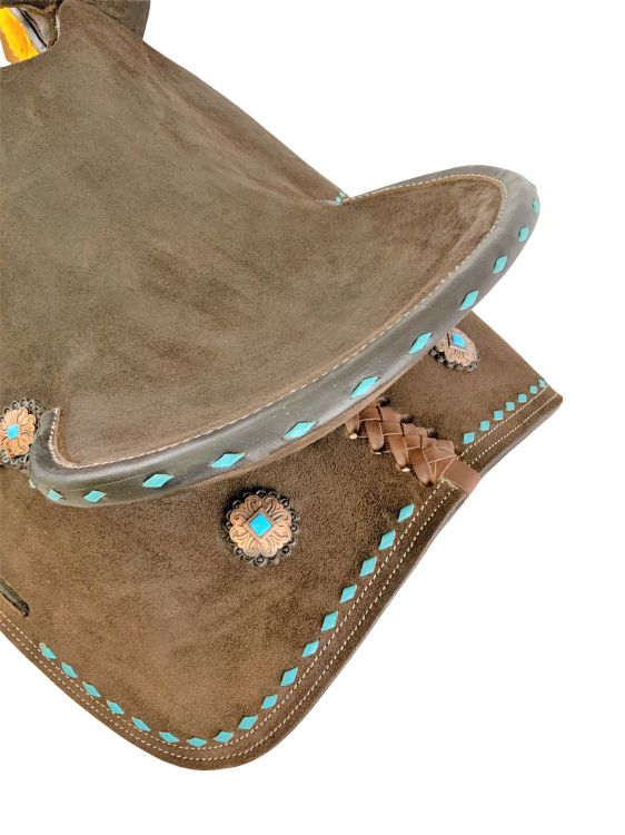 13"  Double T   Barrel style saddle with Oiled Rough out leather, Teal buckstitch accents and flower conchos Barrel Saddle Shiloh   