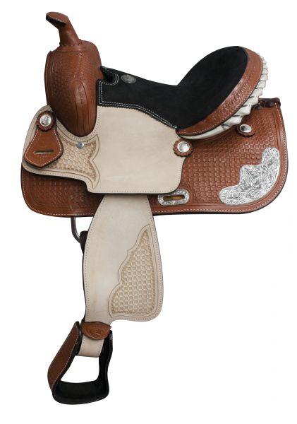 13" Double T Youth Roping Saddle, Basketweave Tooled, Suede Leather Seat  628813 Youth Saddle Double T   