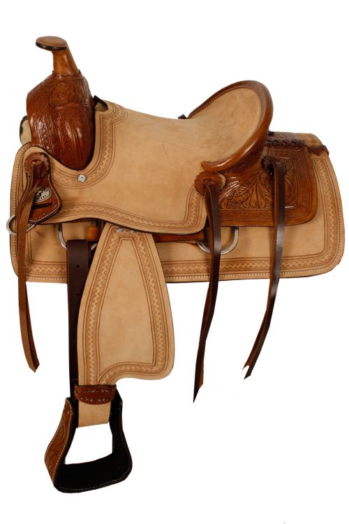 13" Double T hard seat roper style saddle with acorn tooling Roping Saddle Double T   
