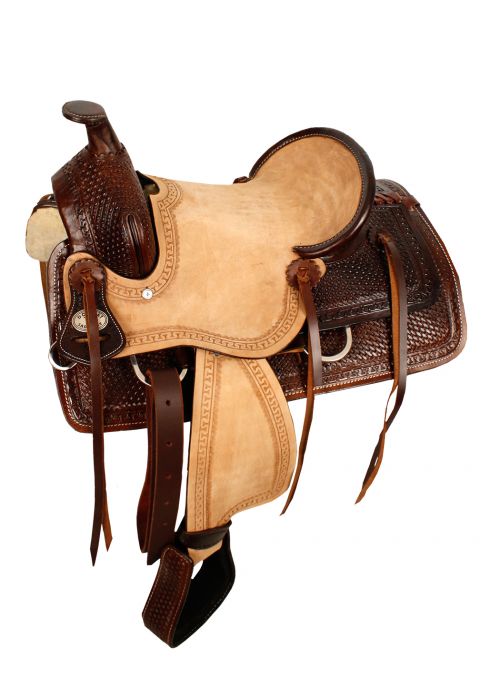 13" Double T hard seat roper style saddle with basketweave tooling Roping Saddle Double T   