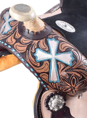 13" Hand Painted Cross Design Double T Barrel Saddle 530113 Youth Saddle Double T   