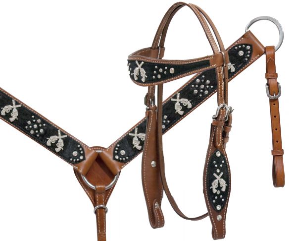 13013: Showman ® Crossed guns headstall and breast collar set Headstall & Breast Collar Set Showman   