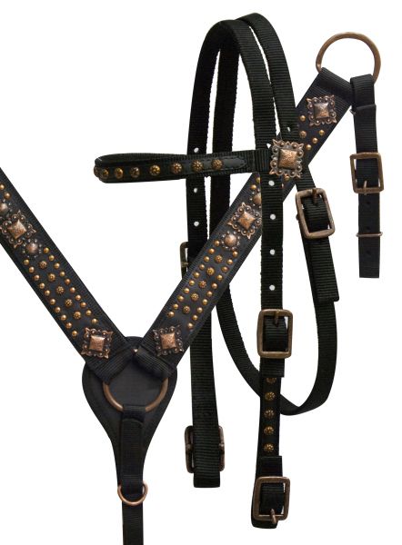 13036: Showman ® Horse size nylon headstall and breast collar set with antique bronze engraved con Headstall & Breast Collar Set Showman   