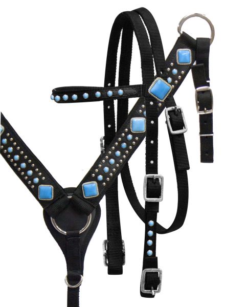 13037: Showman ® Horse size nylon headstall and breast collar set with turquoise stone conchos Headstall & Breast Collar Set Showman   