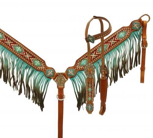 13076: Showman ® Ombre fringe headstall and breast collar set Headstall & Breast Collar Set Showman   