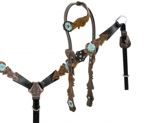 13502: Showman ® One ear headstall with cut out filigree tooling accented teal painted tooled flow Headstall & Breast Collar Set Showman   