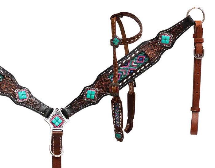 13522: Showman® Headstall and breast collar with beaded inlay Headstall & Breast Collar Set Showman   