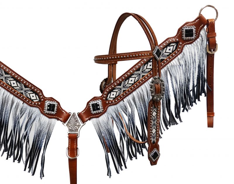 13528: Showman® Black and white beaded headstall and breast collar with ombre fringe Headstall & Breast Collar Set Showman   