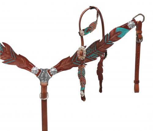 13689: Showman® Cut- out teal painted feather headstall and breast collar Headstall & Breast Collar Set Showman   