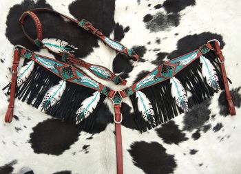13702: Showman® Cut- out teal painted feather headstall and breast collar with black fringe and te Headstall & Breast Collar Set Showman   