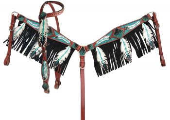 13702: Showman® Cut- out teal painted feather headstall and breast collar with black fringe and te Headstall & Breast Collar Set Showman   