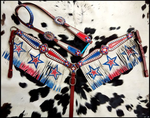 13726: Showman Red/ White/ Blue patriotic fringe set Headstall & Breast Collar Set Showman   