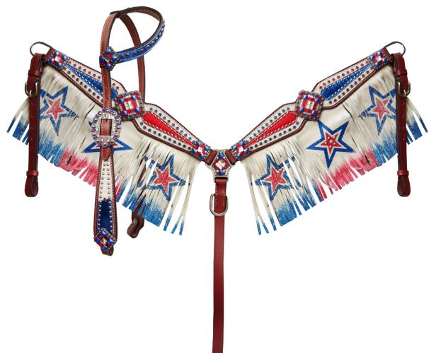 13726: Showman Red/ White/ Blue patriotic fringe set Headstall & Breast Collar Set Showman   