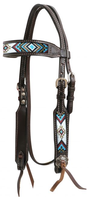 13739: Showman ® Dark chocolate Argentina cow leather headstall with beaded inlays Headstall Showman   