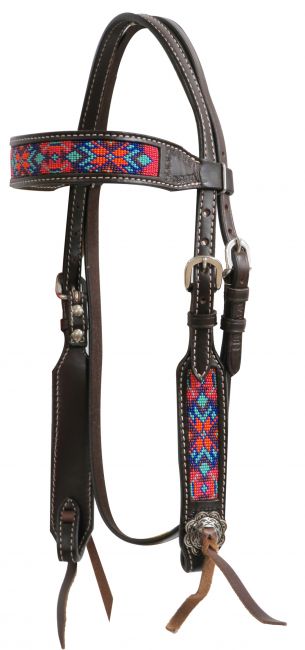 13741: Showman ® Dark chocolate Argentina cow leather headstall with beaded inlays Headstall Showman   