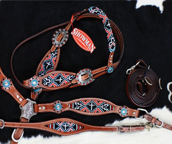 13769: Showman ® 4 Piece beaded navajo cross design headstall and breast collar set Headstall & Breast Collar Set Showman   