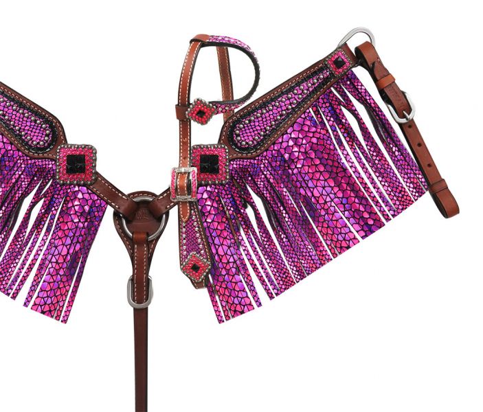 13783: Showman ® Mini Size Purple metallic snake print headstall and breast collar set Headstall & Breast Collar Set Showman   
