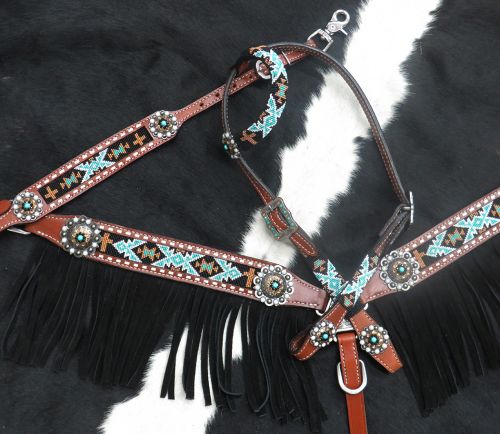 13852: Showman ® 4 Piece beaded Navajo headstall and breast collar set Headstall & Breast Collar Set Showman   