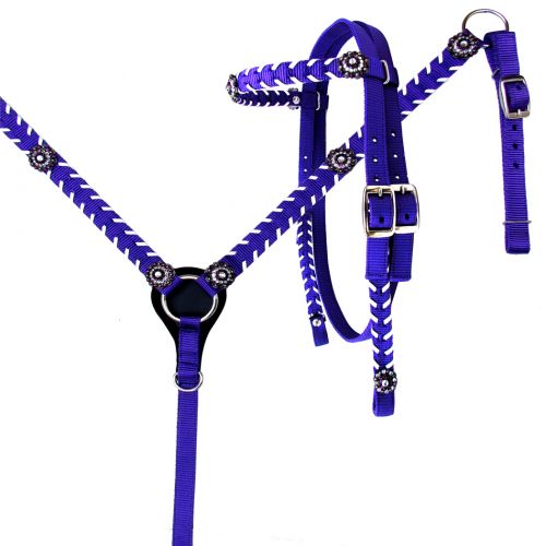 13861: Showman ® Nylon headstall and breast collar set with stitched trim and crystal rhinestone c Headstall & Breast Collar Set Showman   