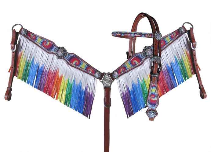 13910: Showman ® Rainbow tie dye headstall and breast collar set Headstall & Breast Collar Set Showman   