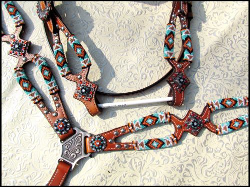 13918: Showman ®  Turquoise and Orange beaded browband headstall and breast collar set Headstall & Breast Collar Set Showman   