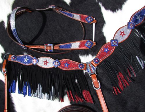 13946: Showman ® Red, Silver, and Blue Glitter HS/BC Set Headstall & Breast Collar Set Showman   