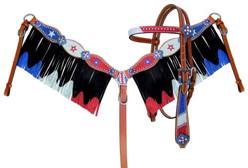 13946: Showman ® Red, Silver, and Blue Glitter HS/BC Set Headstall & Breast Collar Set Showman   