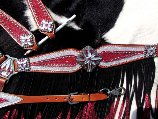 13950: Showman ® 4 Piece Red and Silver Glitter overlay single ear leather headstall and breast co Headstall & Breast Collar Set Showman   