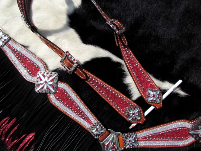 13950: Showman ® 4 Piece Red and Silver Glitter overlay single ear leather headstall and breast co Headstall & Breast Collar Set Showman   