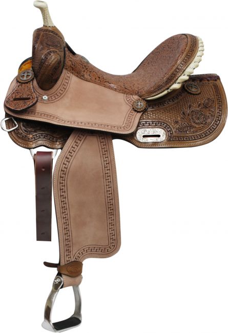 14" 15" 16" Double T Barrel Style Saddle with Brown Filigree Seat 6563 Barrel Saddle Double T   