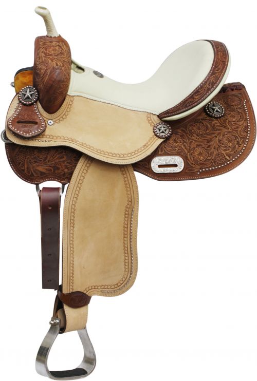 14" 15" 16" Double T Barrel Style Saddle with Texas Star Conchos 6560W Barrel Saddle Double T   