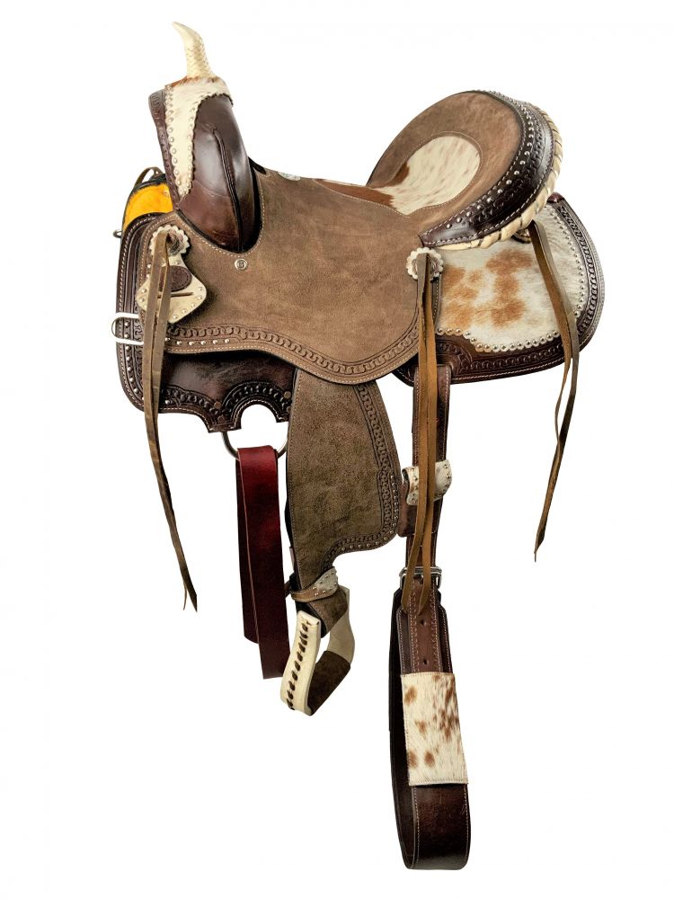14", 15", 16"  Double T   Dark Oil Hard Seat Barrel style saddle with Hair on Cowhide accents Barrel Saddle Shiloh   