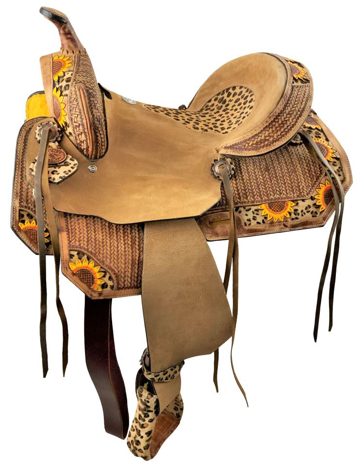 14", 15", 16"  Double T   Hard Seat Barrel style saddle with Cheetah Seat and sunflower painted accents Barrel Saddle Double T   