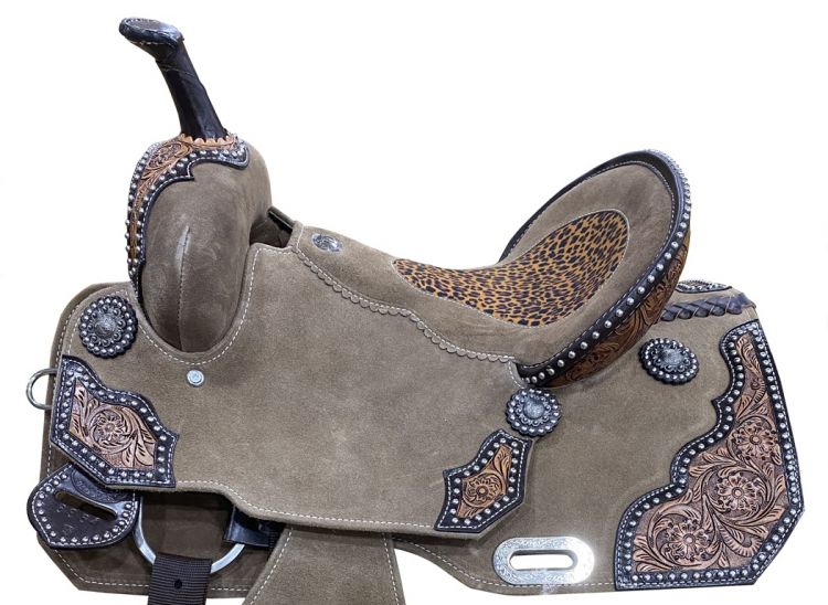 14", 15" DOUBLE T   Rough Out Barrel style saddle with Cheetah Printed Inlay Barrel Saddle Shiloh   