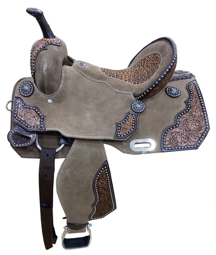 14", 15" DOUBLE T   Rough Out Barrel style saddle with Cheetah Printed Inlay Barrel Saddle Shiloh   