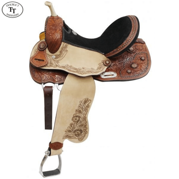 14-16" Double T Barrel Style Saddle with Copper Colored Starburst Conchos 6557 Barrel Saddle Double T   