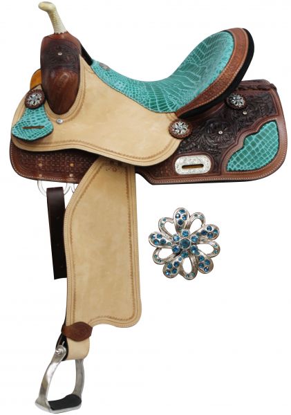 14-16" Double T Barrel Style Saddle with Teal Alligator Print Accents 6562 Barrel Saddle Double T   