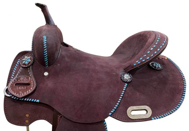 14"  CIRCLE  S Barrel style saddle with Teal buck stitch accents Default Shiloh   