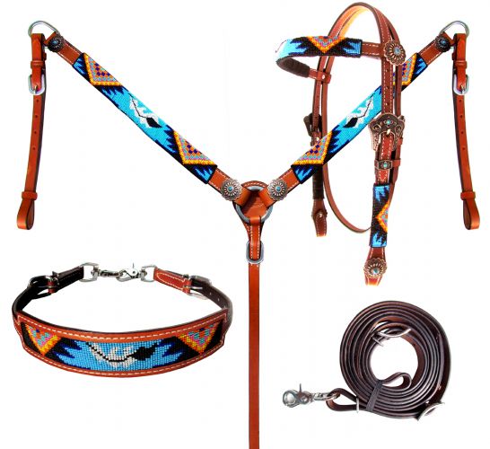 14024: Showman ®  Beaded Aztec 4 Piece Headstall and Breastcollar Set Headstall & Breast Collar Set Showman   