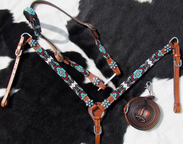 14025: Showman ® Turquoise and Burgundy Beaded Aztec Headstall and Breastcollar Set Headstall & Breast Collar Set Showman   